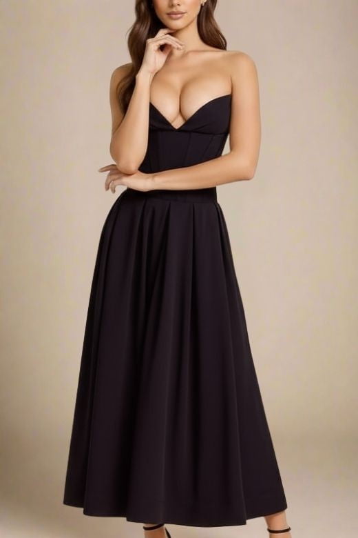 Woman wearing a figure flattering Gabbi Bodycon Midi Dress - Classic Black BODYCON COLLECTION