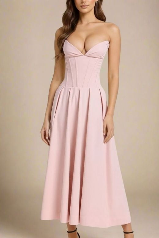 Woman wearing a figure flattering Gabbi Bodycon Midi Dress - Dusty Pink BODYCON COLLECTION