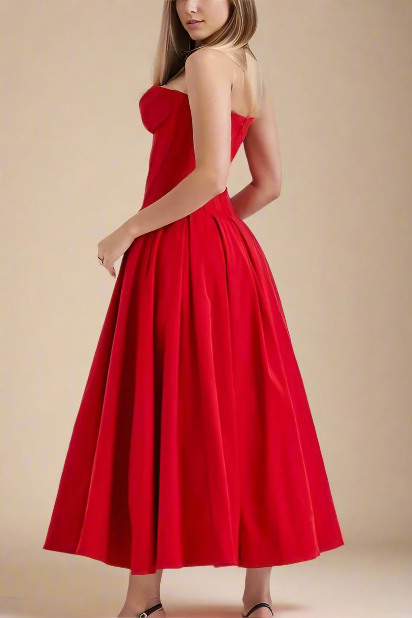 Woman wearing a figure flattering Gabbi Bodycon Midi Dress - Lipstick Red BODYCON COLLECTION