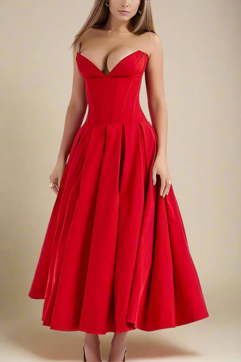 Woman wearing a figure flattering Gabbi Bodycon Midi Dress - Lipstick Red BODYCON COLLECTION