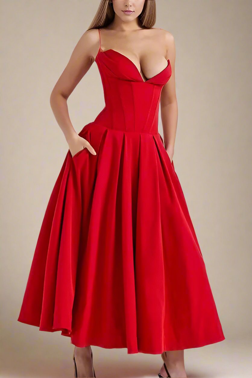 Woman wearing a figure flattering Gabbi Bodycon Midi Dress - Lipstick Red BODYCON COLLECTION