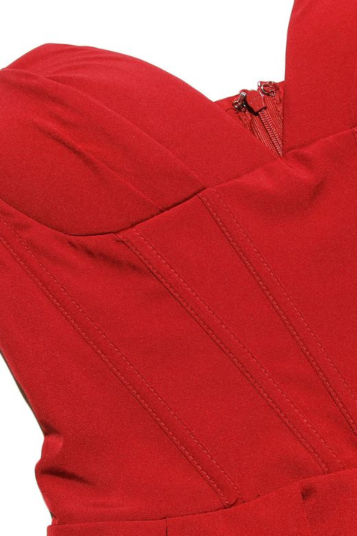 Woman wearing a figure flattering Gabbi Bodycon Midi Dress - Lipstick Red BODYCON COLLECTION