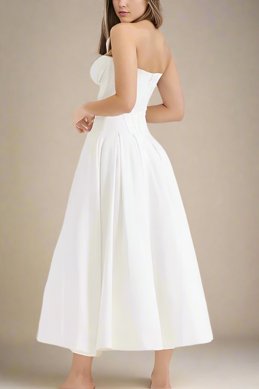 Woman wearing a figure flattering Gabbi Bodycon Midi Dress - Pearl White BODYCON COLLECTION