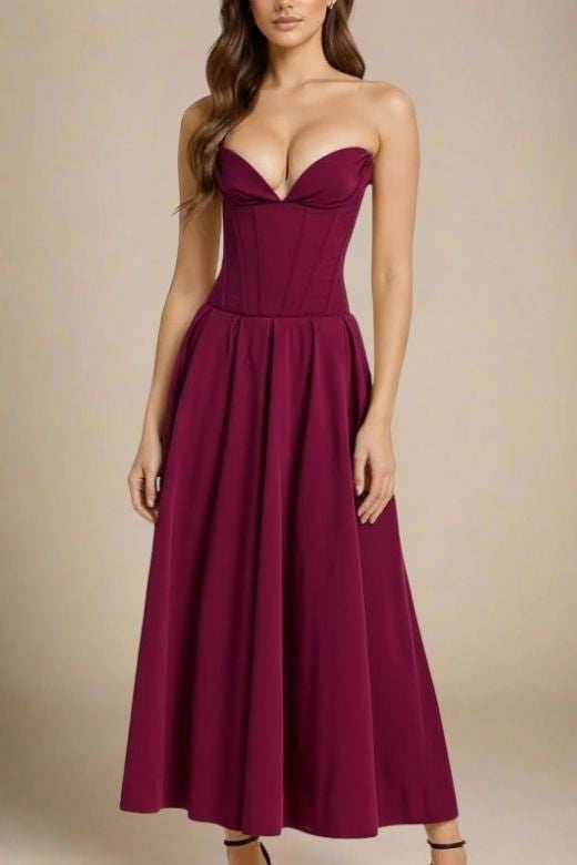 Woman wearing a figure flattering Gabbi Bodycon Midi Dress - Red Wine BODYCON COLLECTION