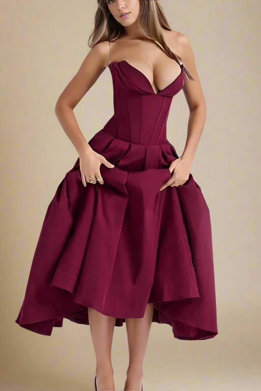 Woman wearing a figure flattering Gabbi Bodycon Midi Dress - Red Wine BODYCON COLLECTION