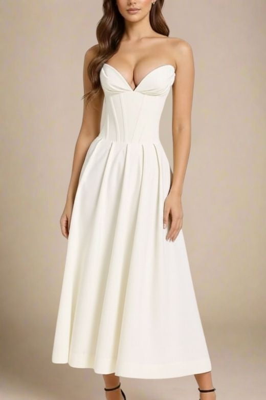 Woman wearing a figure flattering Gabbi Bodycon Midi Dress - White Pearl BODYCON COLLECTION