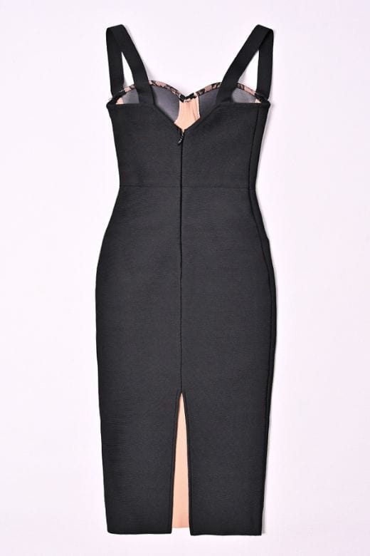 Woman wearing a figure flattering  Genevieve Bodycon Lace Midi Dress - Classic Black BODYCON COLLECTION