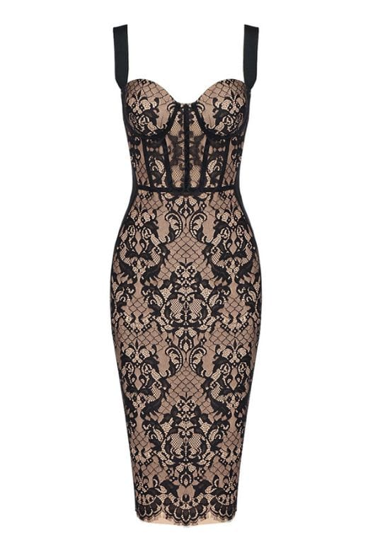 Woman wearing a figure flattering Genevieve Bodycon Lace Midi Dress - Classic Black BODYCON COLLECTION
