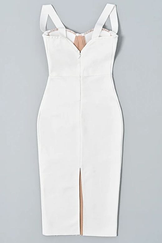 Woman wearing a figure flattering  Genevieve Bodycon Lace Midi Dress - Pearl White BODYCON COLLECTION