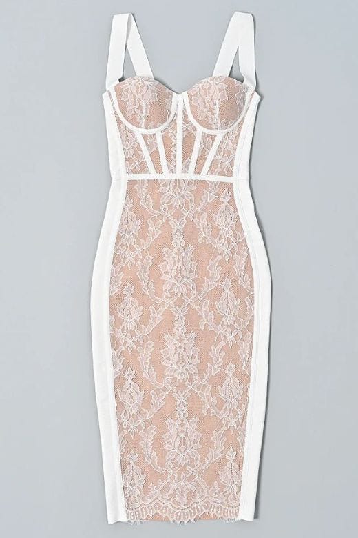 Woman wearing a figure flattering  Genevieve Bodycon Lace Midi Dress - Pearl White BODYCON COLLECTION