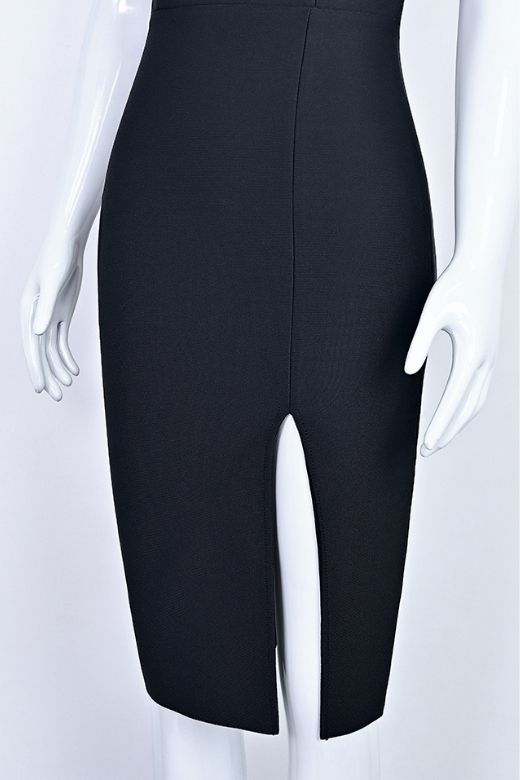 Woman wearing a figure flattering Gianna Bandage Dress - Classic Black BODYCON COLLECTION