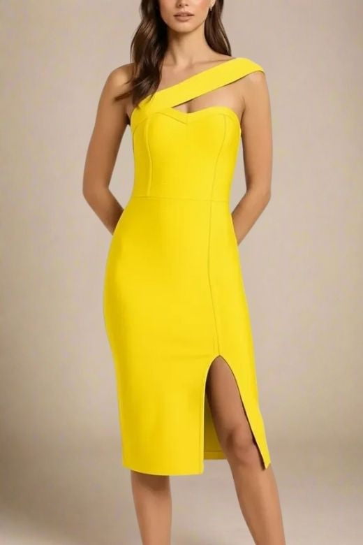 Woman wearing a figure flattering Gianna Bandage Dress - Sun Yellow BODYCON COLLECTION
