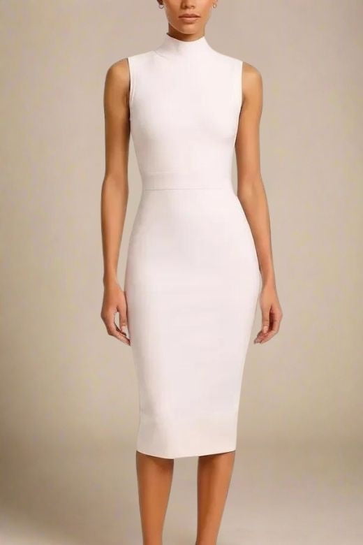 Woman wearing a figure flattering Grace Bandage Midi Dress - Cream Bodycon Collection