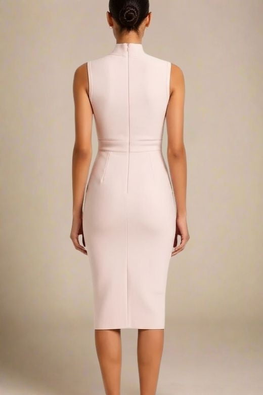 Woman wearing a figure flattering Grace Bandage Midi Dress - Cream Bodycon Collection