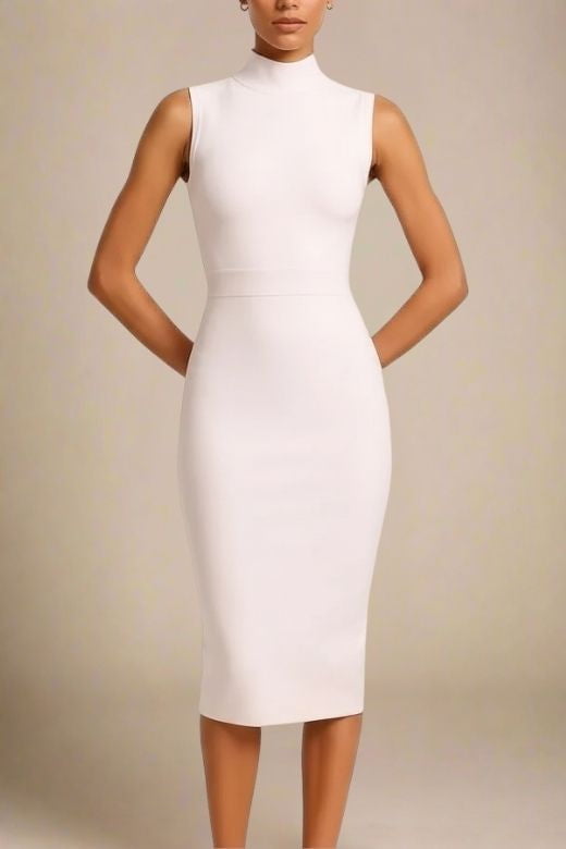 Woman wearing a figure flattering Grace Bandage Midi Dress - Cream Bodycon Collection