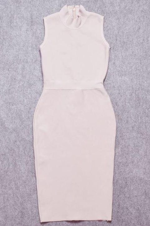 Woman wearing a figure flattering Grace Bandage Midi Dress - Cream Bodycon Collection