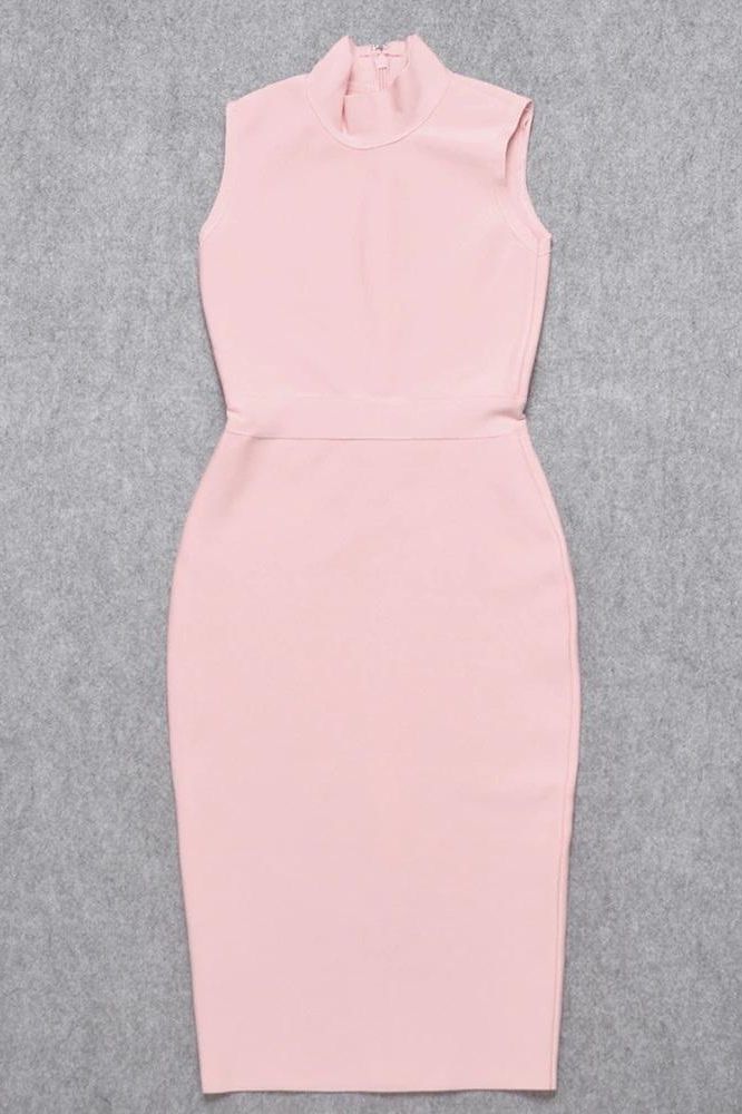 Woman wearing a figure flattering Grace Bandage Midi Dress - Dusty Pink Bodycon Collection