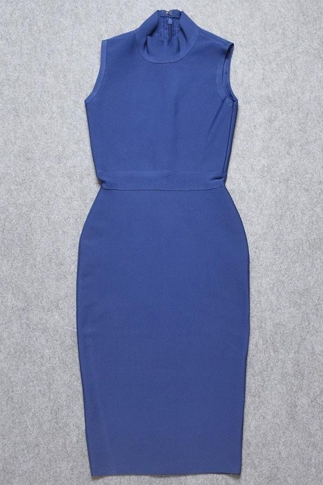 Woman wearing a figure flattering Grace Bandage Midi Dress - Navy Blue Bodycon Collection