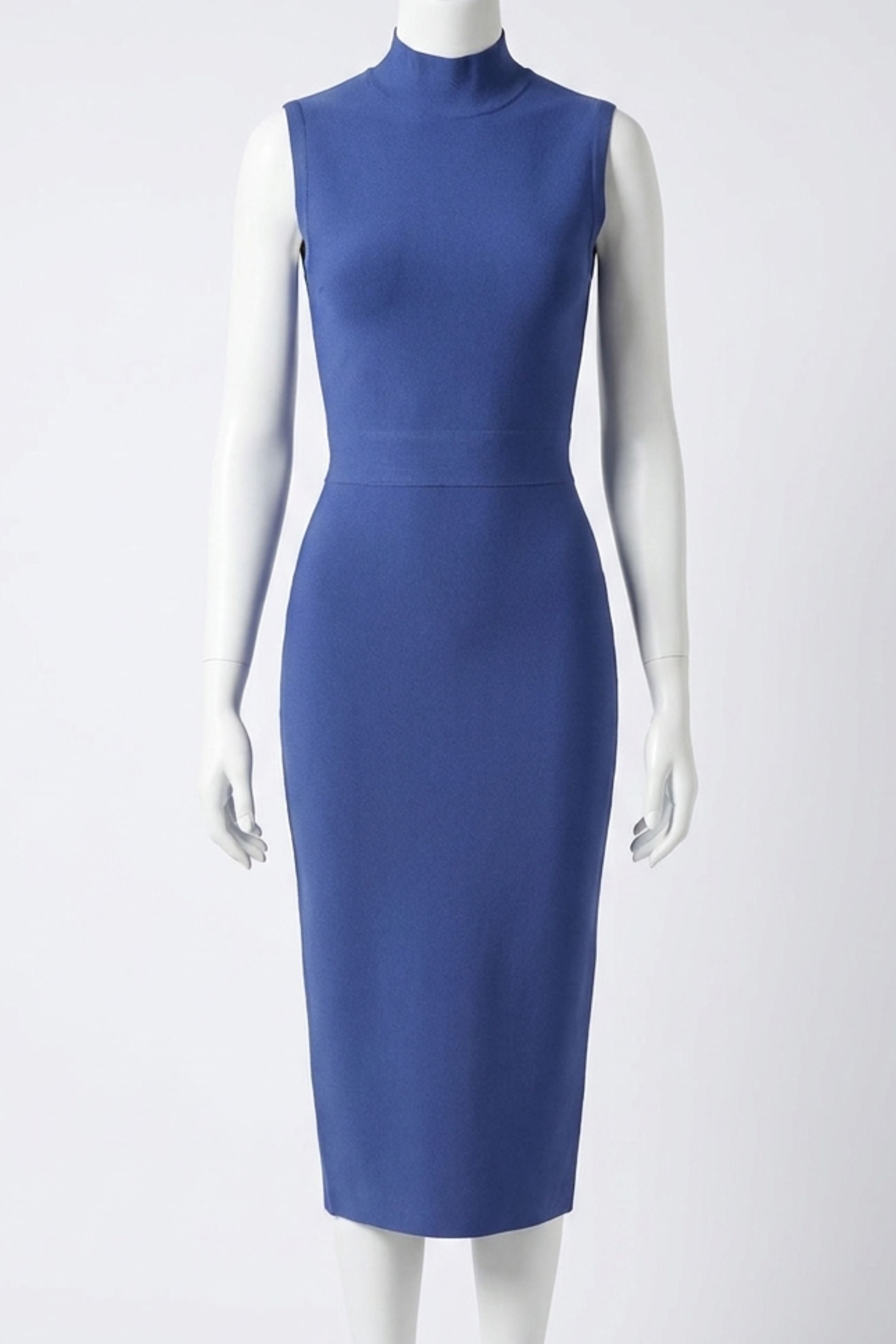 Woman wearing a figure flattering Grace Bandage Midi Dress - Navy Blue Bodycon Collection