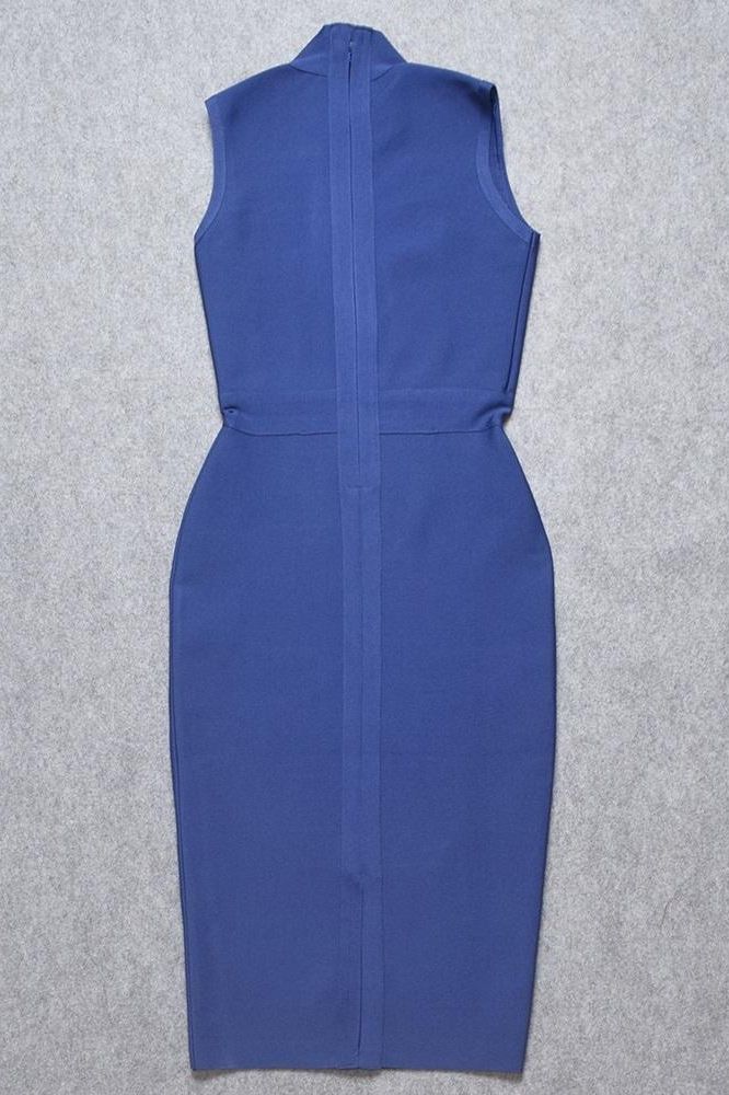 Woman wearing a figure flattering Grace Bandage Midi Dress - Navy Blue Bodycon Collection
