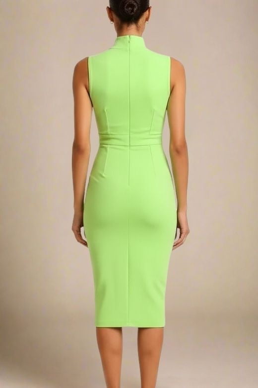 Woman wearing a figure flattering Grace Bandage Midi Dress - Neon Green Bodycon Collection