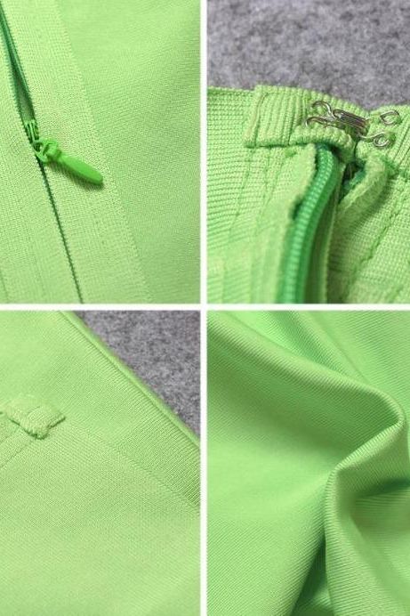 Woman wearing a figure flattering Grace Bandage Midi Dress - Neon Green Bodycon Collection