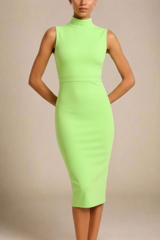 Woman wearing a figure flattering Grace Bandage Midi Dress - Neon Green Bodycon Collection
