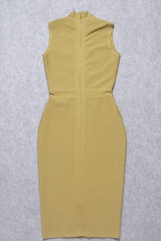 Woman wearing a figure flattering Grace Bandage Midi Dress - Olive Green Bodycon Collection