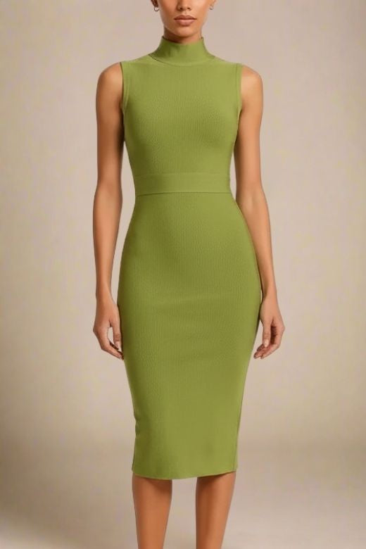 Woman wearing a figure flattering Grace Bandage Midi Dress - Olive Green Bodycon Collection
