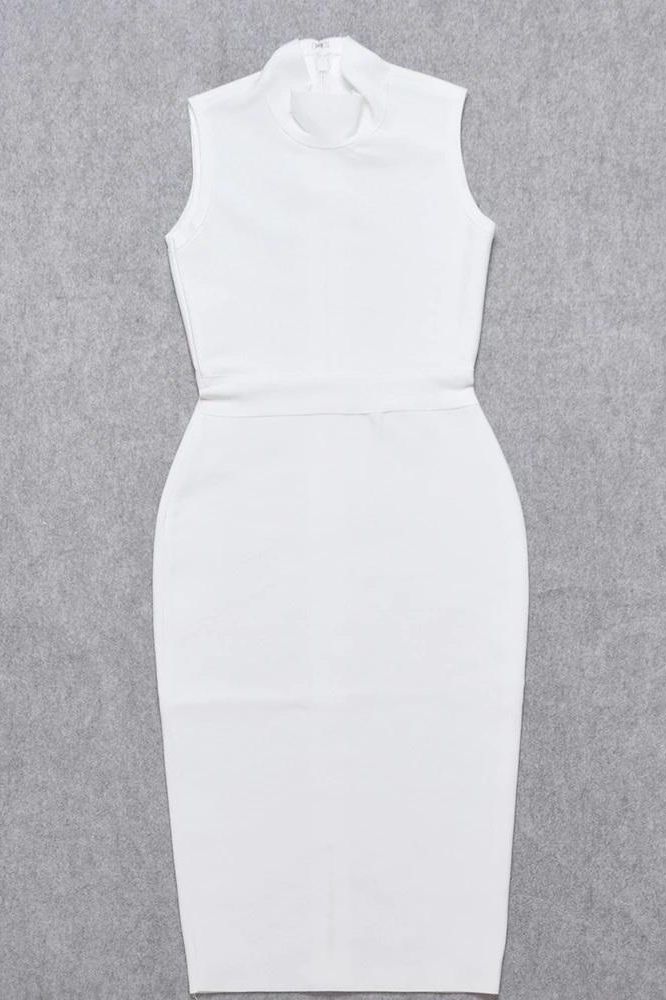 Woman wearing a figure flattering Grace Bandage Midi Dress - Pearl White Bodycon Collection