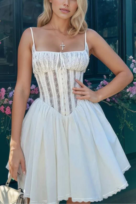 Woman wearing a figure flattering Hailee Bodycon Mini Dress - Pearl White BODYCON COLLECTION