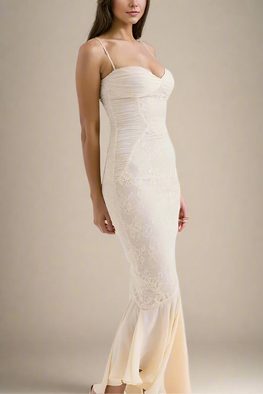 Woman wearing a figure flattering Harlow Bodycon Maxi Wrap Dress - Beige Cream BODYCON COLLECTION