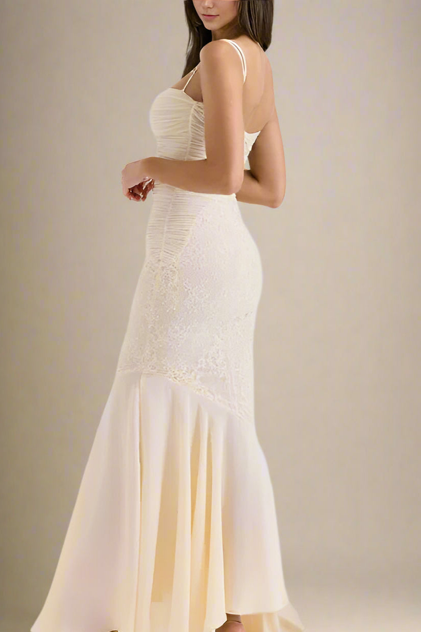 Woman wearing a figure flattering Harlow Bodycon Maxi Wrap Dress - Beige Cream BODYCON COLLECTION