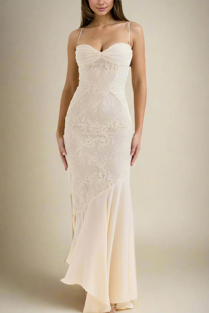 Woman wearing a figure flattering Harlow Bodycon Maxi Wrap Dress - Beige Cream BODYCON COLLECTION