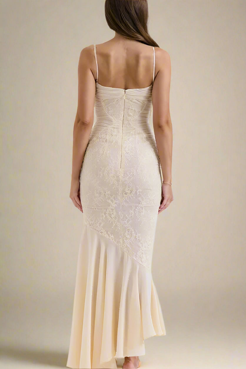 Woman wearing a figure flattering Harlow Bodycon Maxi Wrap Dress - Beige Cream BODYCON COLLECTION