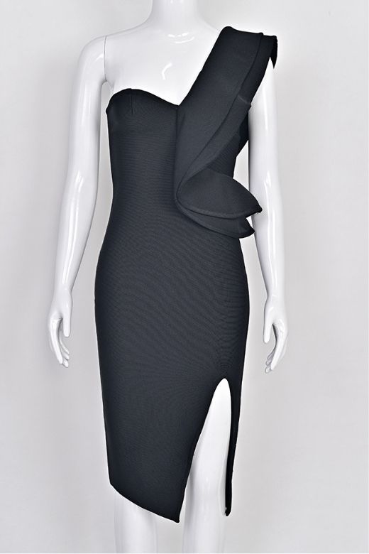 Woman wearing a figure flattering Hayley Bodycon Dress - Classic Black Bodycon Collection