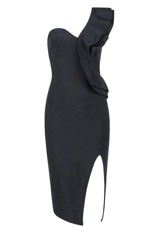 Woman wearing a figure flattering Hayley Bodycon Dress - Classic Black Bodycon Collection