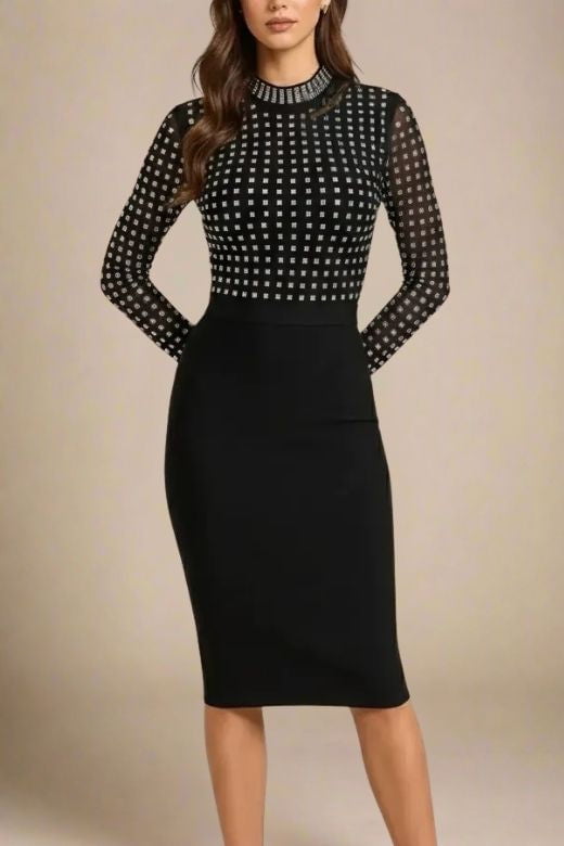 Woman wearing a figure flattering Hazel Long Sleeve Bodycon Dress - Classic Black BODYCON COLLECTION Pty Ltd