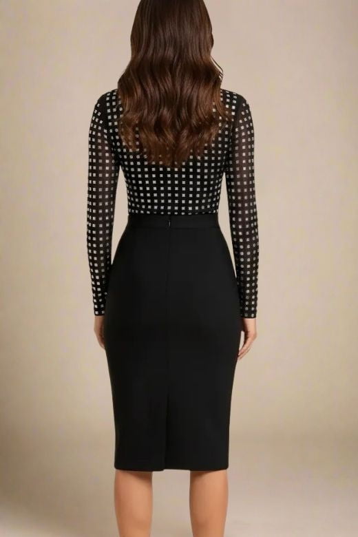 Woman wearing a figure flattering Hazel Long Sleeve Bodycon Dress - Classic Black BODYCON COLLECTION Pty Ltd