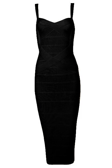 Woman wearing a figure flattering Heidi Bandage Midi Dress - Classic Black Bodycon Collection