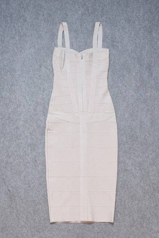 Woman wearing a figure flattering Heidi Bandage Midi Dress - Cream Bodycon Collection