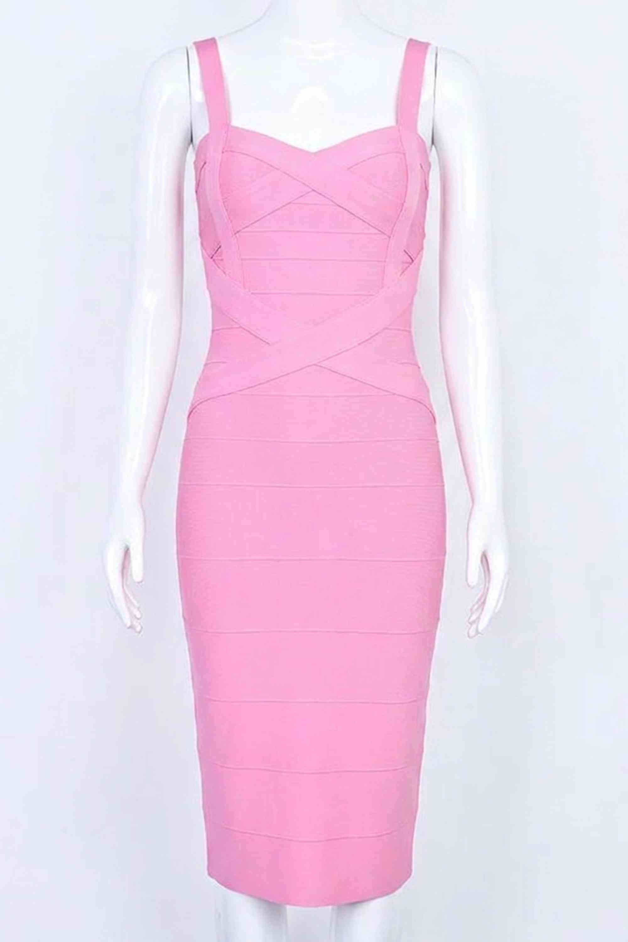Woman wearing a figure flattering Heidi Bandage Midi Dress - Dusty Pink Bodycon Collection