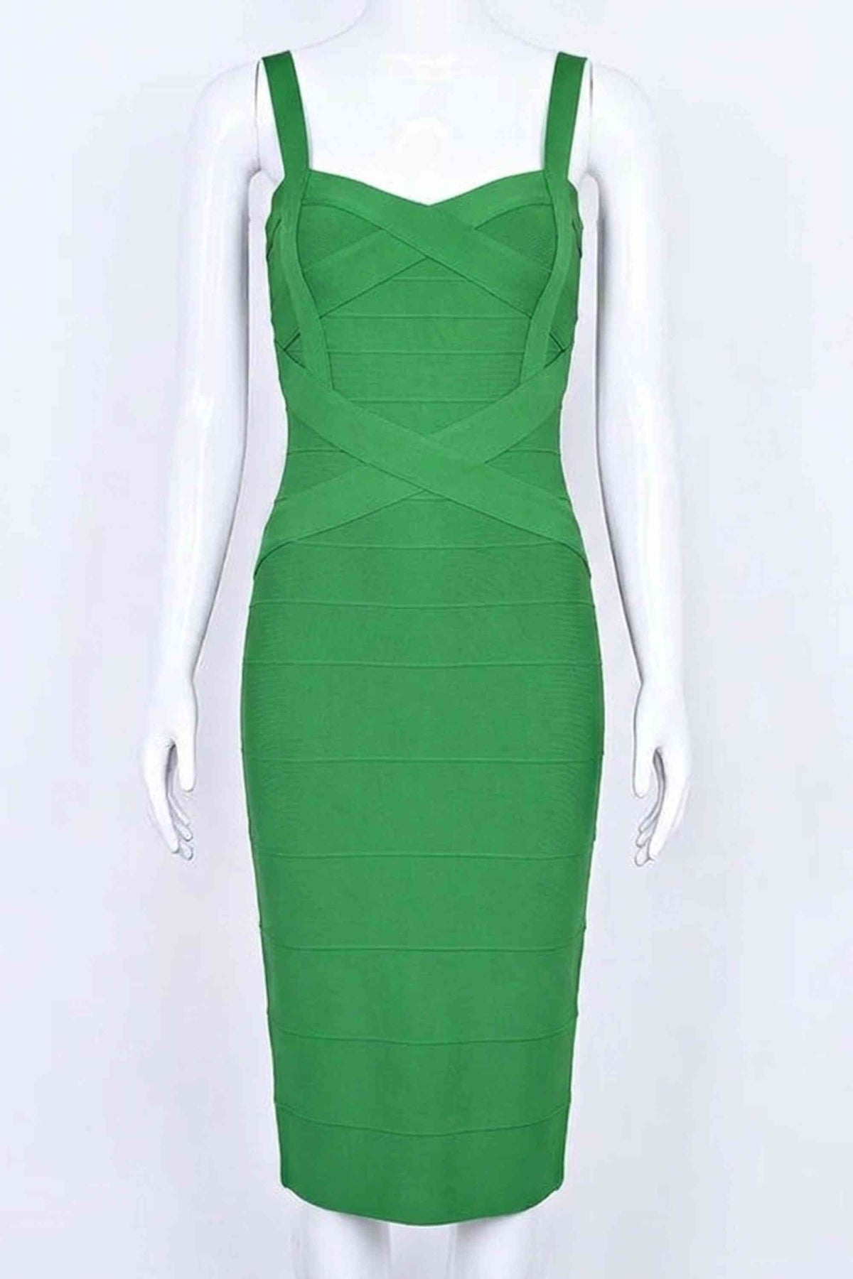 Woman wearing a figure flattering Heidi Bandage Midi Dress - Emerald Green Bodycon Collection