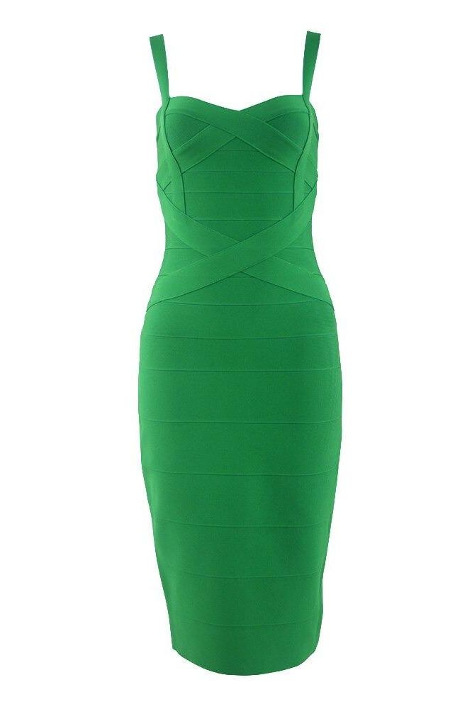 Woman wearing a figure flattering Heidi Bandage Midi Dress - Emerald Green Bodycon Collection