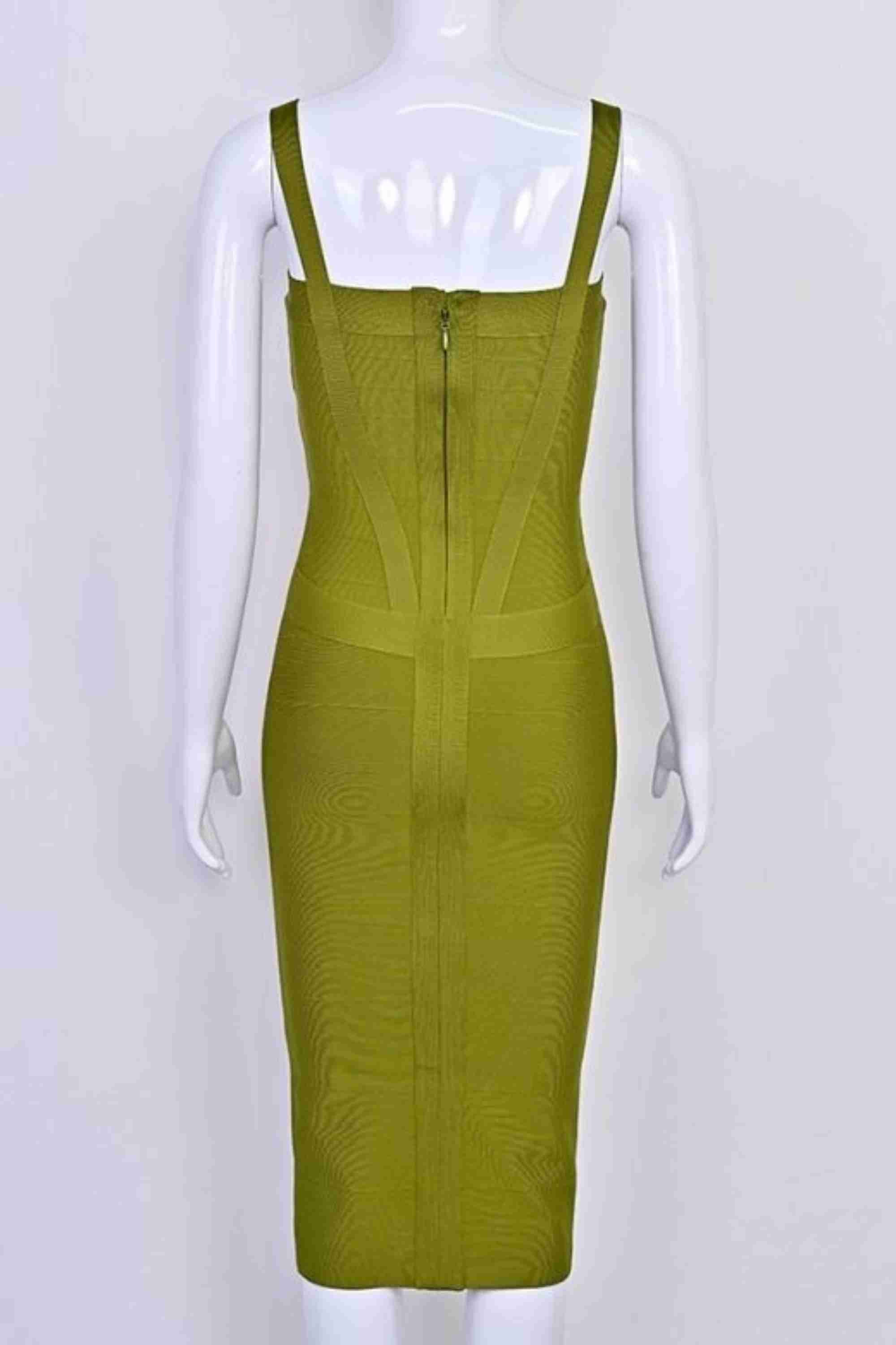 Woman wearing a figure flattering Heidi Bandage Midi Dress - Olive Green Bodycon Collection