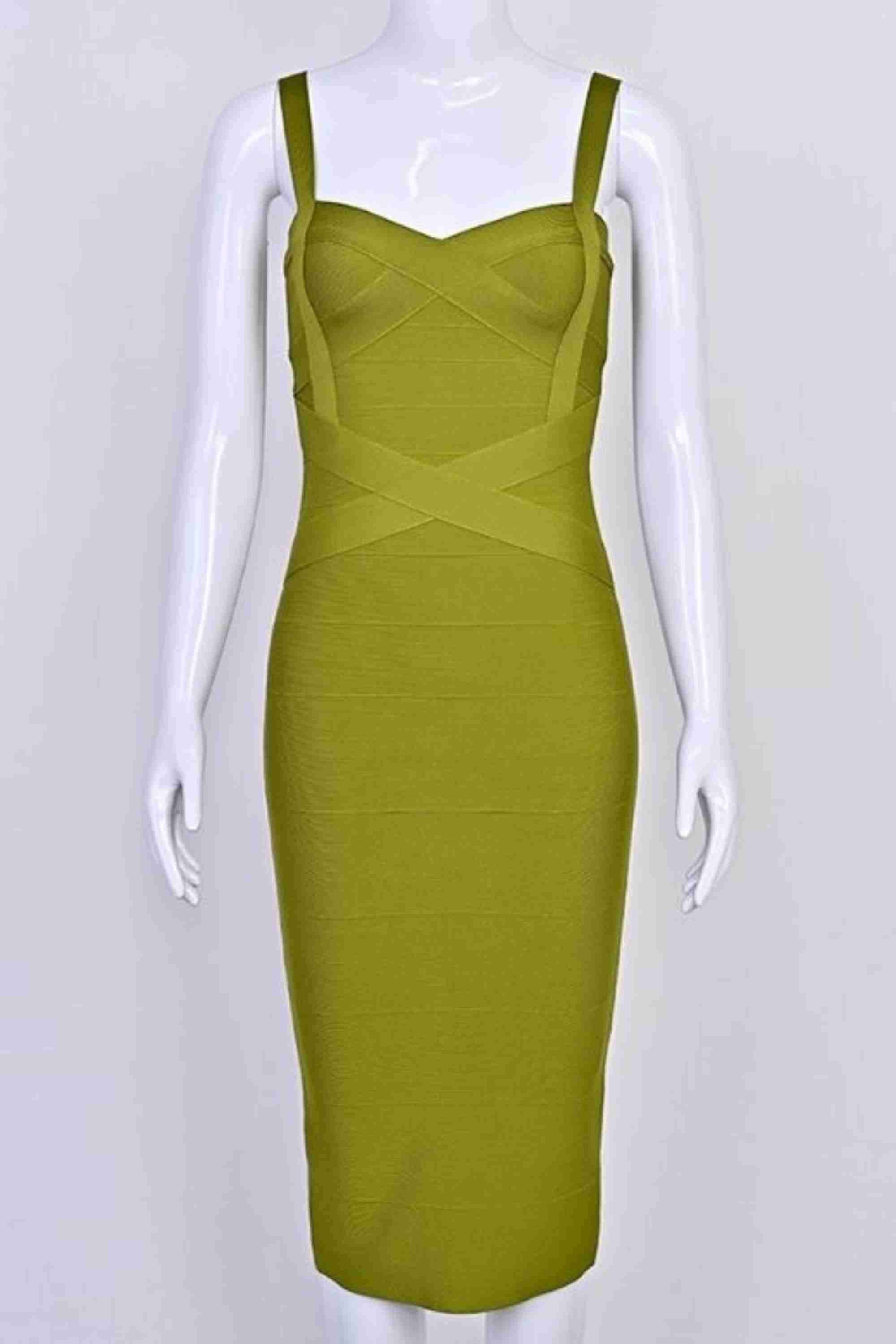 Woman wearing a figure flattering Heidi Bandage Midi Dress - Olive Green Bodycon Collection