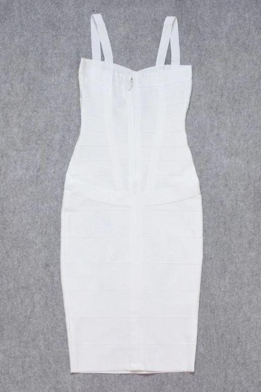 Woman wearing a figure flattering Heidi Bandage Midi Dress - Pearl White Bodycon Collection