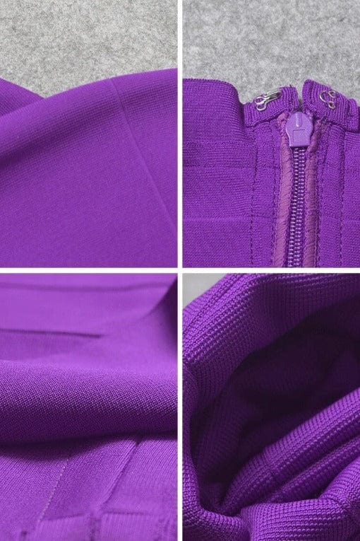 Woman wearing a figure flattering Heidi Bandage Midi Dress - Plum Purple Bodycon Collection