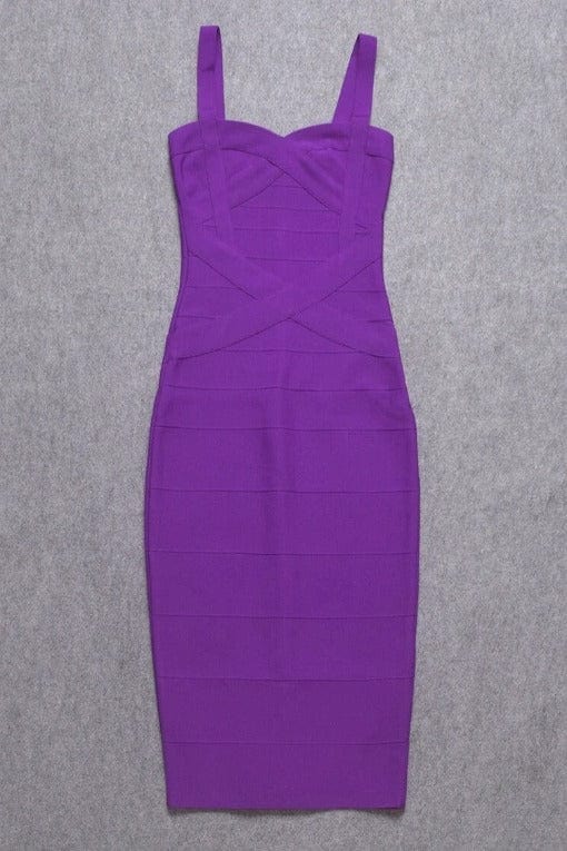 Woman wearing a figure flattering Heidi Bandage Midi Dress - Plum Purple Bodycon Collection