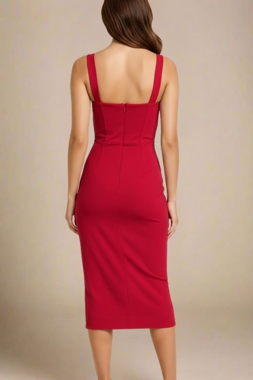 Woman wearing a figure flattering red party dress Heidi Bandage Midi Dress - Red Wine Bodycon Collection